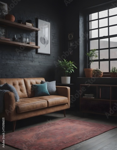 Bedroom interior in a loft apartment. minimalist decor in an industrial and Scandinavian design. Grey pillows on a double bed. 