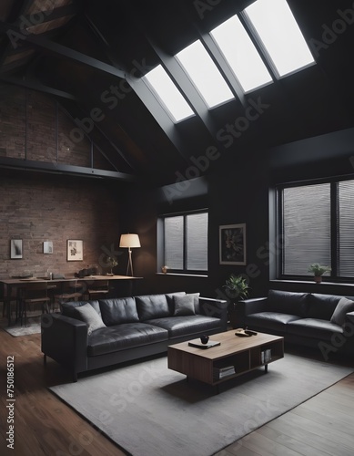 Bedroom interior in a loft apartment. minimalist decor in an industrial and Scandinavian design. Grey pillows on a double bed. 