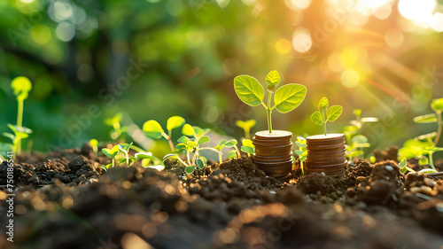 plant blooming from coins, concept savings investment earnings