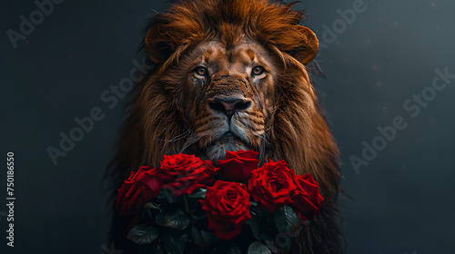 lion with a bunch of roses