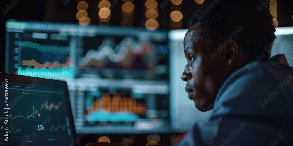 Analyst Examines Data on Screens; Stock, Analysis, Data, Charts, Graphs, Finance, Business, Market, Trading, Investment Analyst Examines Data on Screens; Stock, Analysis, Data, Charts, Graphs, Finance, Business, Market, Trading, Investment