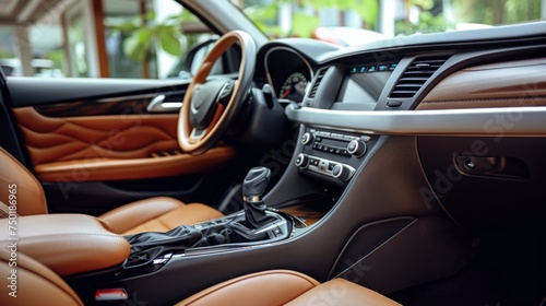 A high-end vehicle's interior showcasing brown leather upholstery, modern dashboard, and gear shift. Emphasizes luxury and comfort within an automotive context. © Victoriia