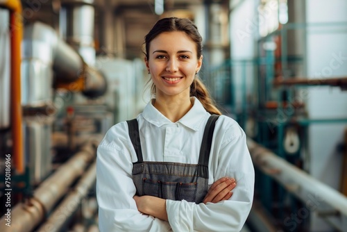 confident female engineer standing in a factory