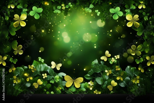 St. Patricks day card with four leaf clover and gold splashes on vibrant green background