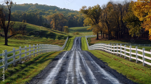Una stretta strada di campagna si snoda attraverso campi e pascoli, con alberi maestosi e staccionate bianche lungo i lati nel Midwest