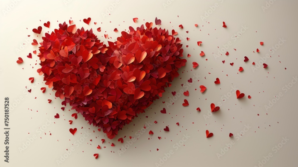  a heart shaped piece of paper surrounded by confetti on a white background with lots of small red hearts scattered all around the edges of the heart shaped by confetti.