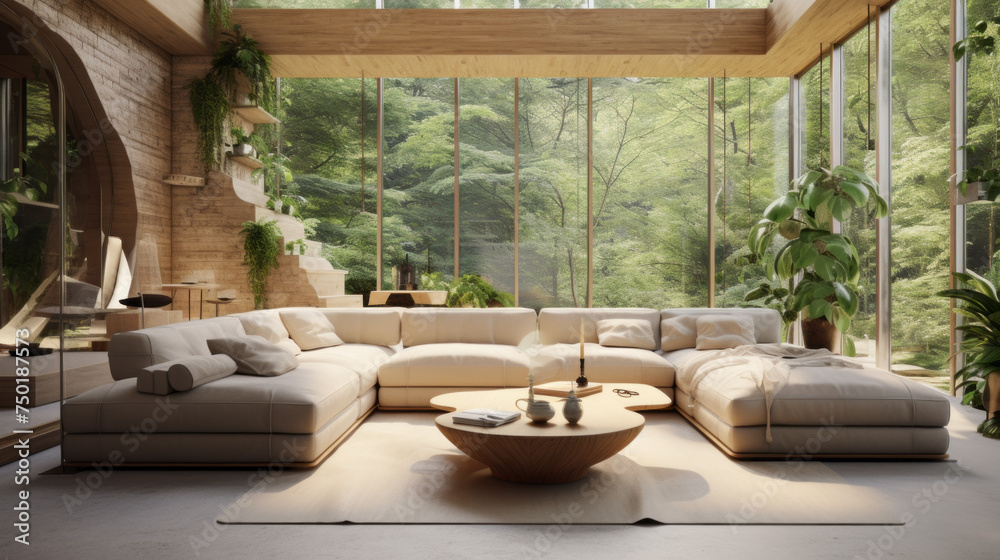 Fototapeta premium A modern living room with biophilic design that includes a comfortable seating area, natural light, and lots of plants