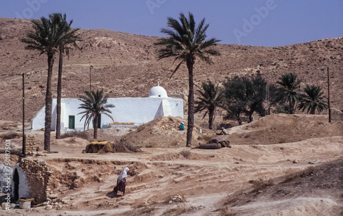 Mosque and graves in the tunisian desert in 1991.