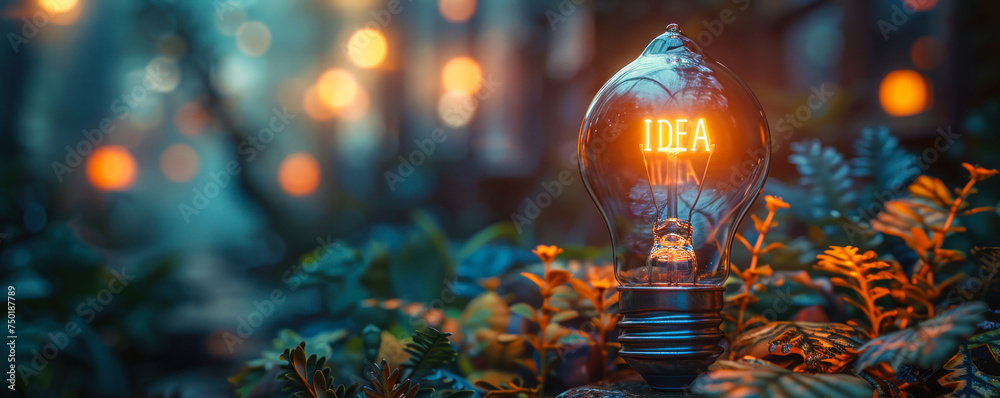 Glowing filament light bulb with IDEA inscription symbolizing creativity, innovation, and inspiration, set against a warm, bokeh-lit background with botanical elements - obrazy, fototapety, plakaty 