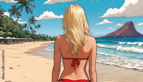 Comic style blonde girl on a paradise beach wearing a red bikini and red sunglasses, backview © Lied