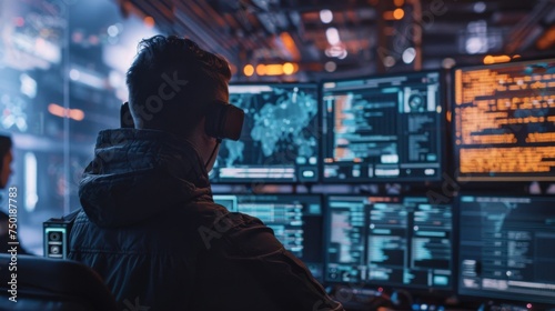 Back view of a man wearing a virtual reality headset, interacting with futuristic holographic data screens in a high-tech environment.