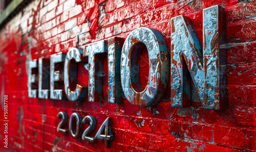 Bold 2024 election year concept with ELECTION in metallic letters and 2024 in 3D on a vibrant red textured background, symbolizing the upcoming political event