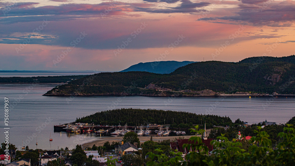 Tadoussac, Canada - July 22 2021: St-Lawrence River view during sun set in Tadoussac
