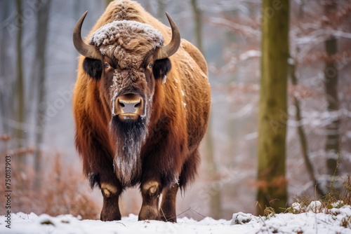 Majestic bison on snowy winter day. capturing stunning image in chilly frost setting
