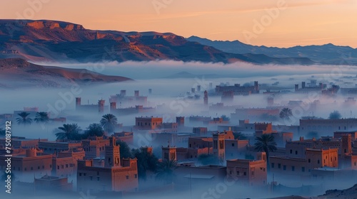 a desert city in the early morning, with low-rise buildings shrouded in a soft mist