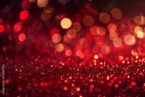 Christmas and new year's background with red glitter and bokeh lights. festive and warm holiday atmosphere