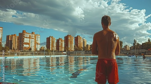 a lifeguard in red shorts, taking a momentary pause to gaze at the city skyline