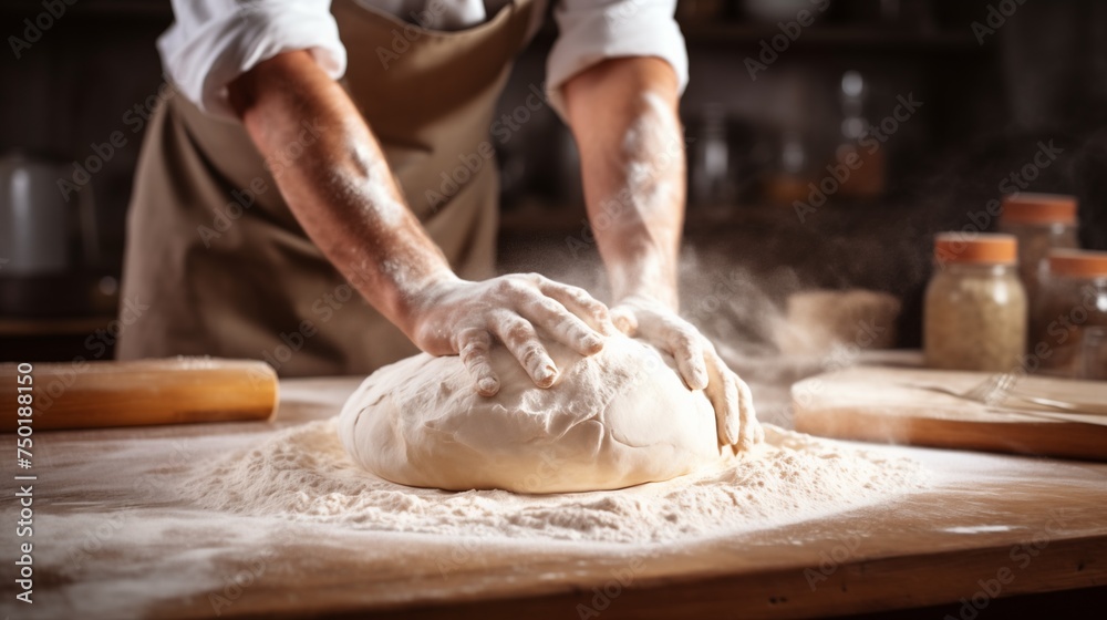 Baker professional passionately kneading dough on flour-dusted table. Pizza prepare dough hand topping. Man preparing bread dough on wooden table in a bakery