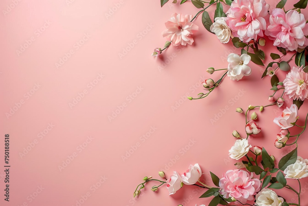 Obraz premium Elegant banner with a floral arrangement on a light pink background Ideal for wedding Mother's day Or woman's day celebrations Featuring a flat lay style with space for text