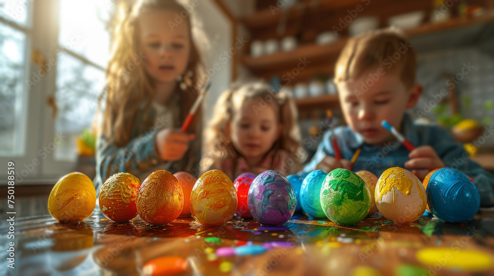 Fototapeta premium A nostalgic image of children painting Easter eggs