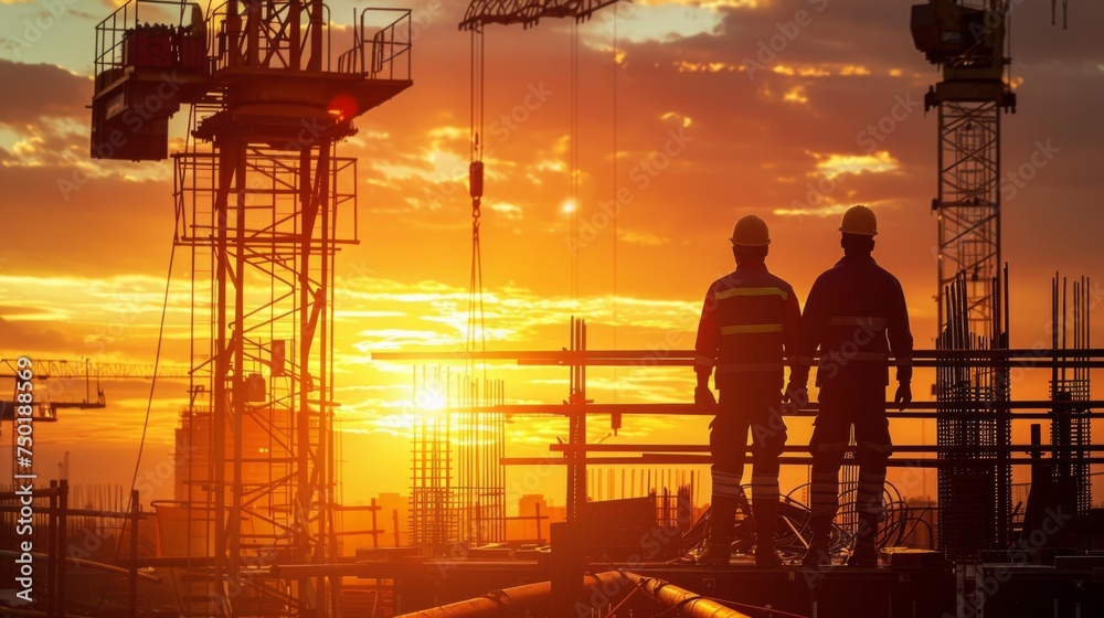 Two construction workers in safety gear stand atop a structure, overlooking a sunset amidst cranes and scaffolding at a building site.