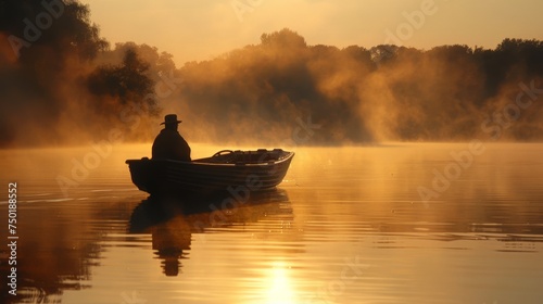 a duck hunter in a rustic boat, gliding silently across a tranquil lake at dawn
