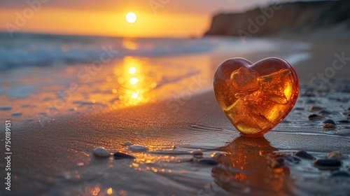  a heart shaped piece of glass sitting on top of a sandy beach next to the ocean with the sun setting in the distance behind the ocean and a sandy shore line.