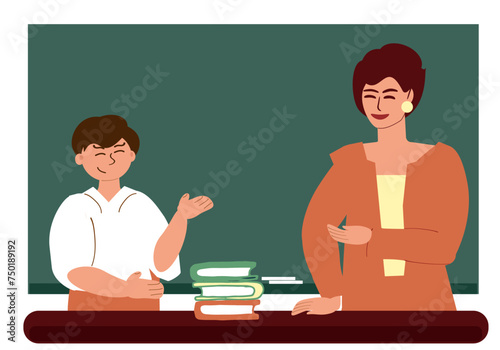 A schoolboy answers the teacher at the blackboard. A teacher tests a student's knowledge during a lesson in a school class. Vector cartoon illustration