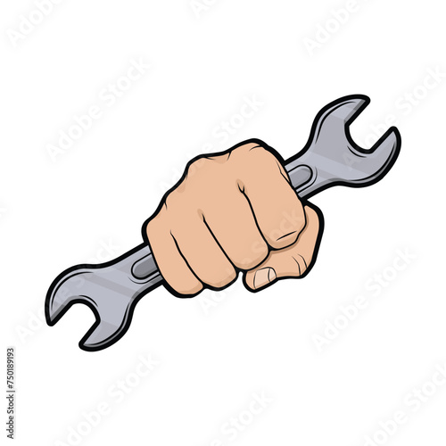 Hand holding wrench vector illustration, worker theme cartoon drawing, labor day symbol