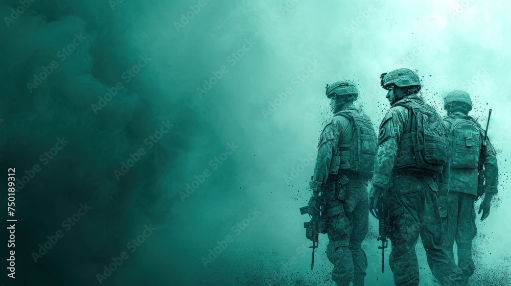a group of soldiers standing next to each other in a foggy area with smoke coming out of the back of their heads and on the sides of their backs. a group of soldiers standing next to each other in a foggy area with smoke coming out of the back of their heads and on the sides of their backs.