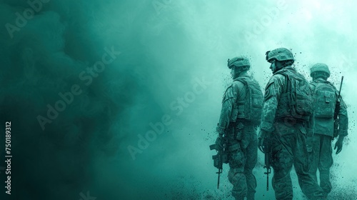  a group of soldiers standing next to each other in a foggy area with smoke coming out of the back of their heads and on the sides of their backs.