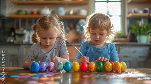 A nostalgic image of children painting Easter eggs