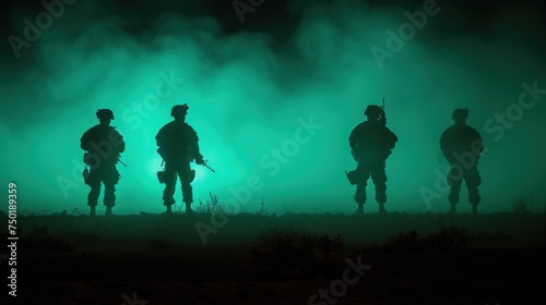  a group of soldiers standing next to each other on a field in front of a green fog filled sky with the silhouettes of the silhouettes of the soldiers.