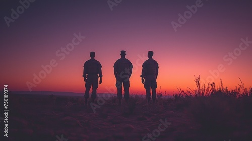  a group of three men standing next to each other in front of a purple and pink sky at sunset in a field with tall grass and tall grasses in the foreground.