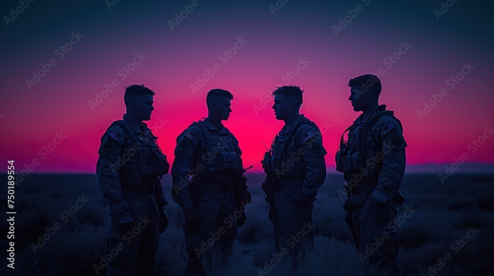  a group of men standing next to each other in the middle of a field under a purple and pink sky with a red sun in the middle of the background.