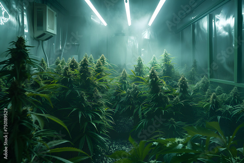 Cannabis flowers in a big grow room full of lights  blooming cannabis flowers with led lights  indoor marijuana plantation  farm growing