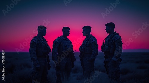  a group of men standing next to each other in the middle of a field under a purple and pink sky with a red sun in the middle of the background.