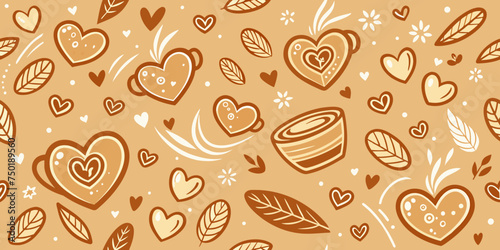 Light Coffee Color Hearts Doodles Background