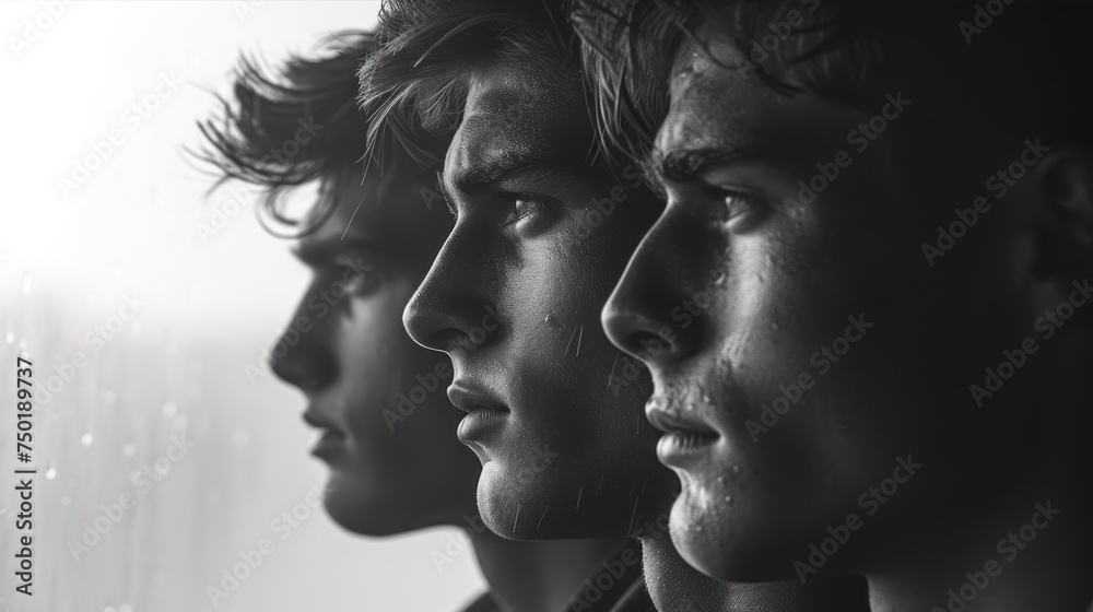 a group of young men standing next to each other in front of a window with raindrops on the outside of the window and one man's face. a group of young men standing next to each other in front of a window with raindrops on the outside of the window and one man's face.