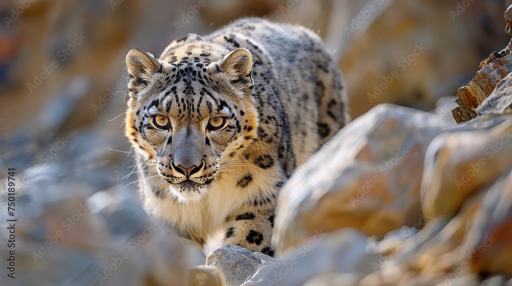 Obraz premium a snow leopard, its sleek fur blending seamlessly with the rocky Himalayan terrain