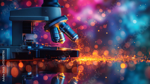 An artistic image of a microscope with a colorful sample illuminated under th...