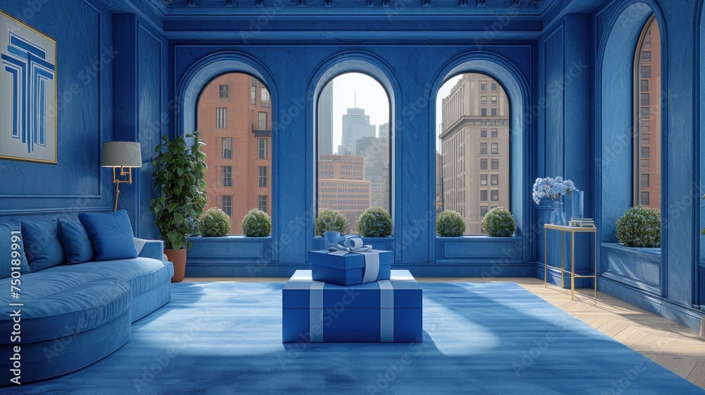 a blue living room with a blue couch and a blue box on a blue rug in front of two large windows and a blue rug on the floor in front of the room. a blue living room with a blue couch and a blue box on a blue rug in front of two large windows and a blue rug on the floor in front of the room.