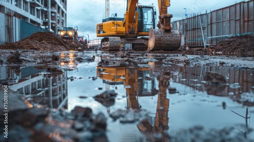 An active construction site featuring excavation equipment and piles of soil, with machinery reflections in a puddle.