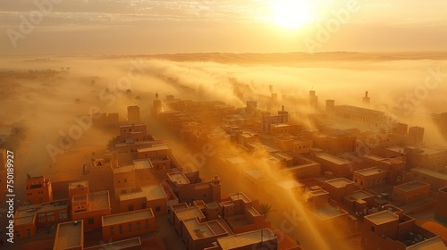a desert city in the early morning, with low-rise buildings shrouded in a sof...