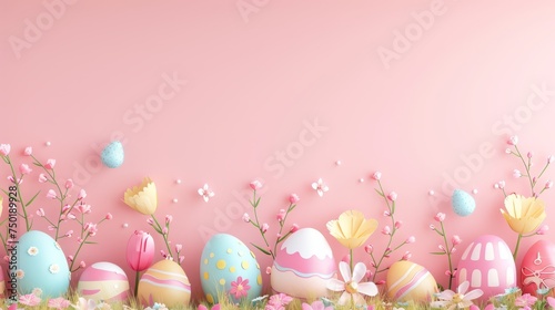 Beautiful flowers and Easter eggs on pink background with copy space. Papercut style.