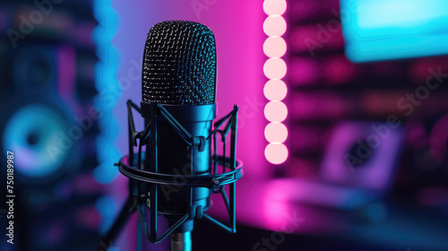 A professional microphone with a shock mount is prominently featured against a vibrant, bokeh-lit background in a music studio.