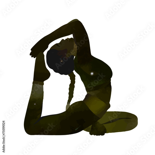 Female doing yoga in Sirsa Padasana pose vector illustration. Hand drawn silhouette of woman Feet To Head Pose universe silhouette. Wellbeing illustration.