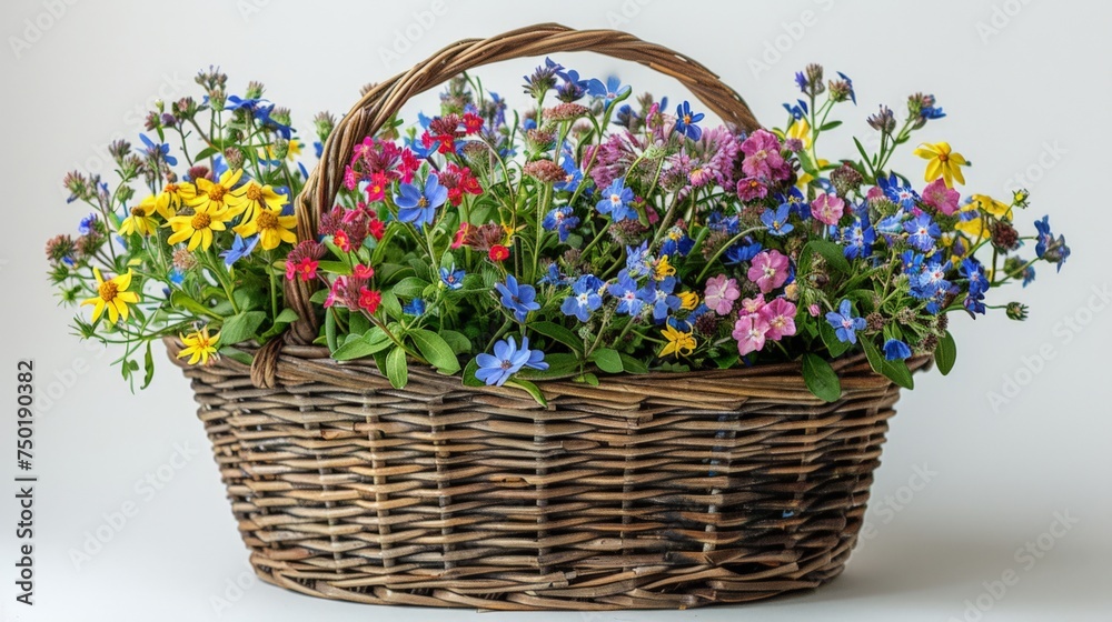 brown rattan basket with sturdy handles, overflowing with wildflowers in shades of blue, yellow, and red