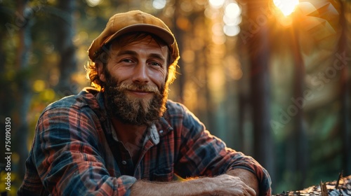 a handsome lumberjack taking a break, leaning on his ax, with a gentle smile on his face