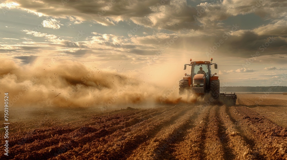 Fototapeta premium Tractor Plowing Field with Dynamic Soil Dust Cloud.